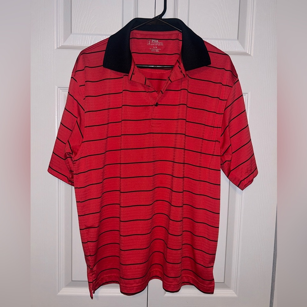 PGA Tour Mens Golf Shirt Short Sleeve Polo‎ Red w/Black Stripes Size Large